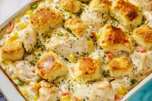 CREAMY CHICKEN AND BISCUIT CASSEROLE centered hero view, clean and uncluttered