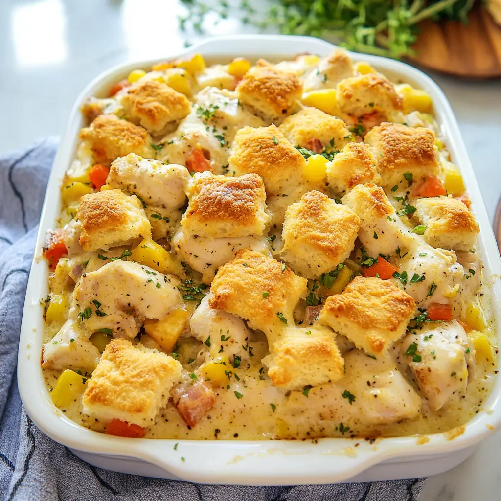 CREAMY CHICKEN AND BISCUIT CASSEROLE centered hero view, clean and uncluttered