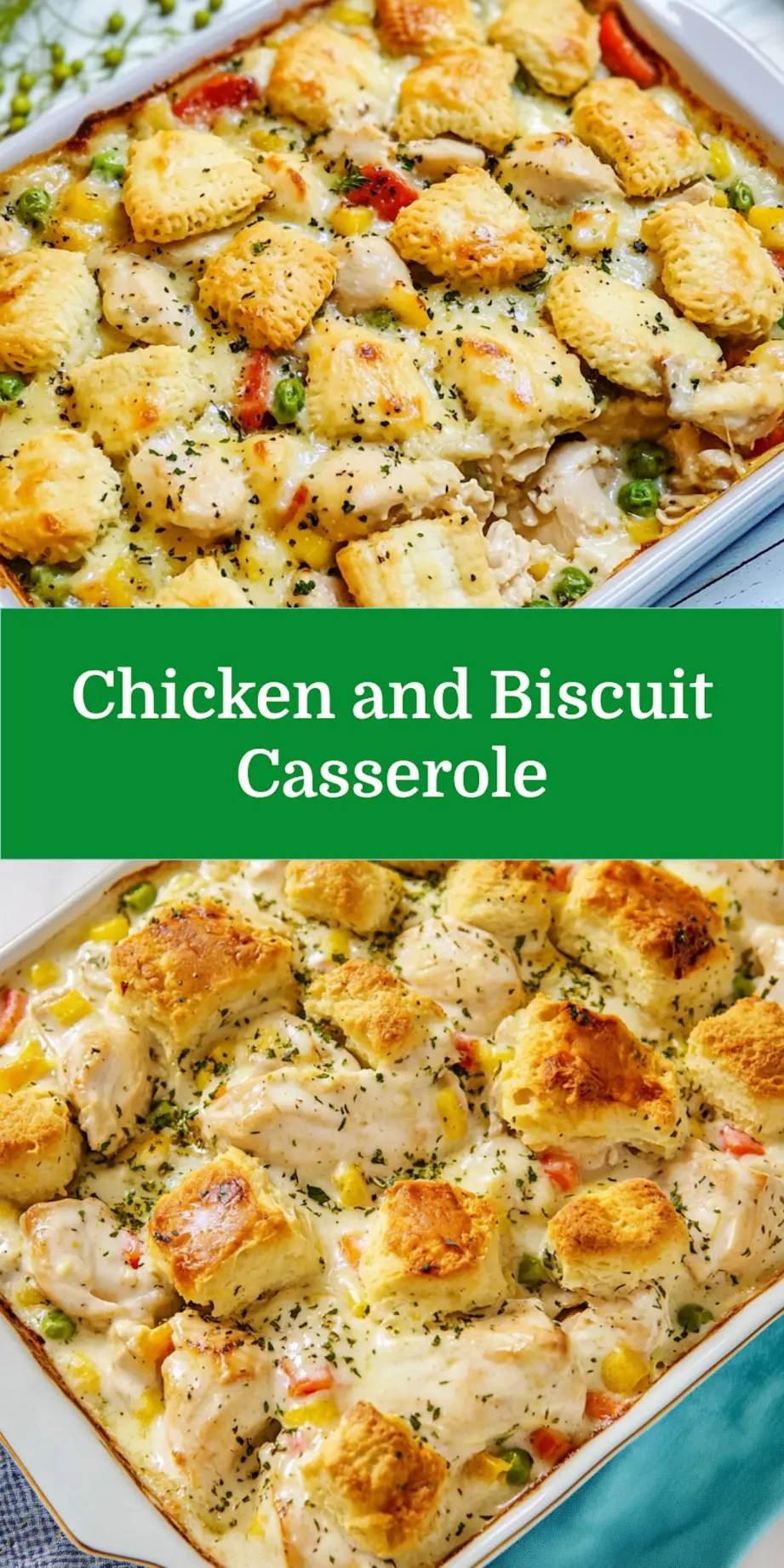 CREAMY CHICKEN AND BISCUIT CASSEROLE centered hero view, clean and uncluttered