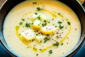 Creamy Leek And Potato Soup Easy Weeknight Dinner CREAMY LEEK AND POTATO SOUP centered hero view, clean and uncluttered