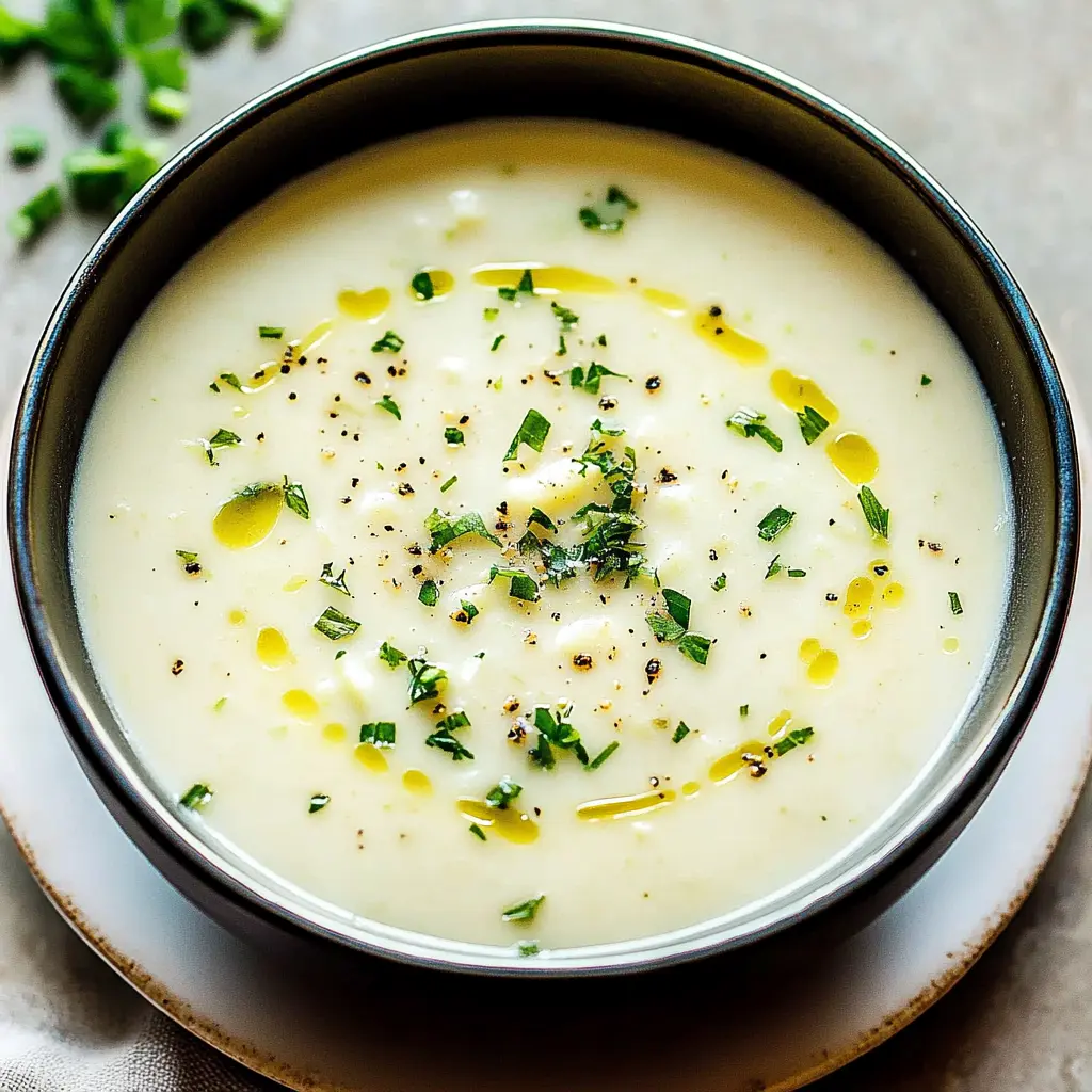 Creamy leek and potato soup in a bowl, centered hero view, clean and uncluttered