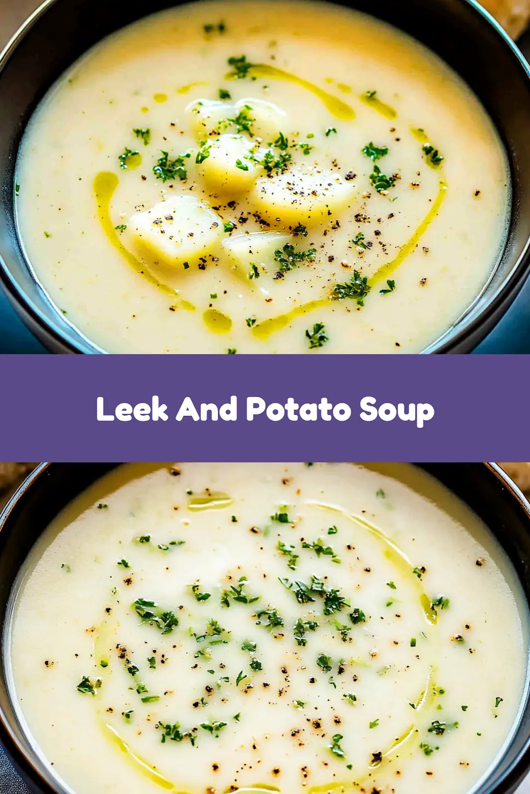 Creamy leek and potato soup in a bowl, centered hero view, clean and uncluttered
