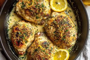 Creamy Lemon Garlic Chicken Thighs Easy Weeknight Dinner CREAMY LEMON GARLIC CHICKEN THIGHS centered hero view, clean and uncluttered
