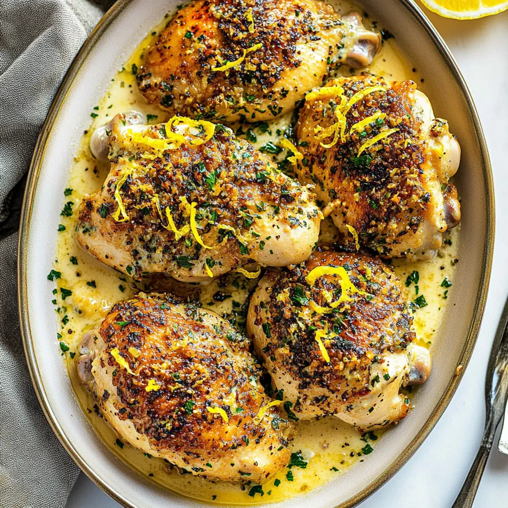 Creamy Lemon Garlic Chicken Thighs Easy Weeknight Dinner 6 CREAMY LEMON GARLIC CHICKEN THIGHS centered hero view, clean and uncluttered