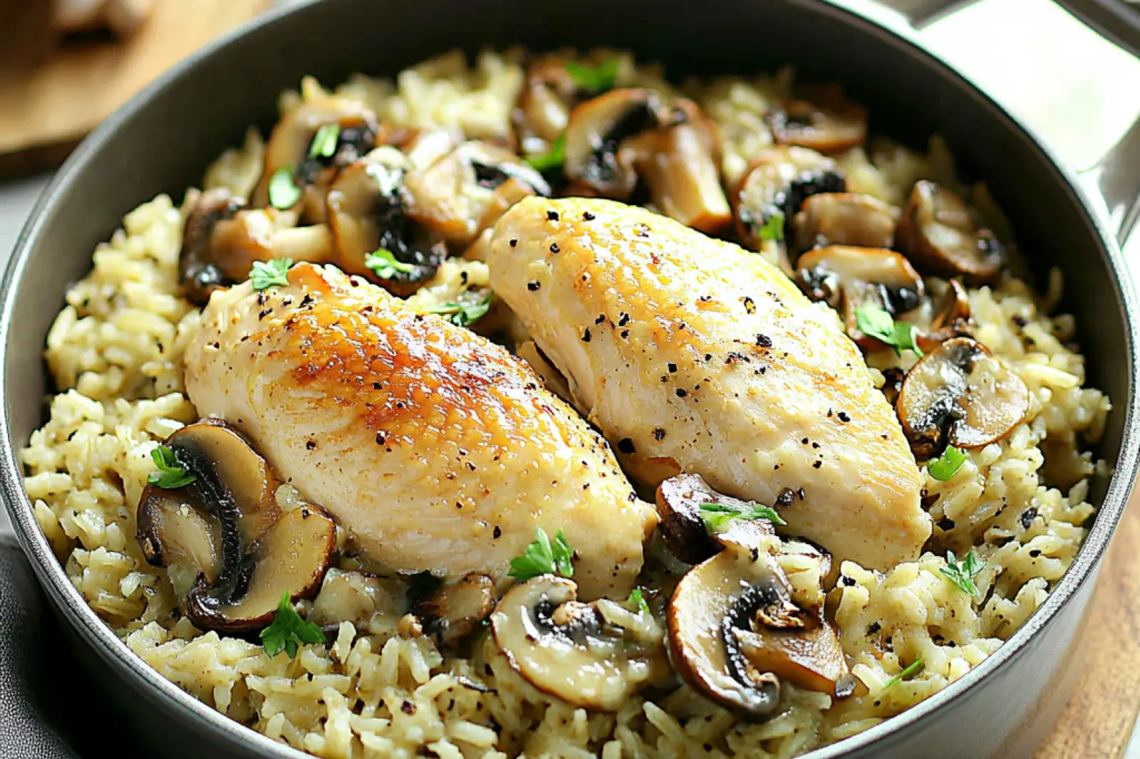 Creamy One Pot Chicken Rice and Mushrooms Easy Weeknight Dinner