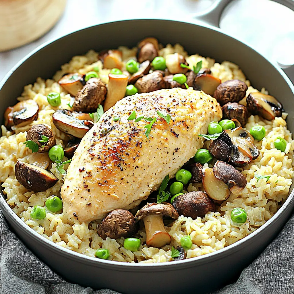 CREAMY ONE POT CHICKEN RICE AND MUSHROOMS centered hero view, clean and uncluttered