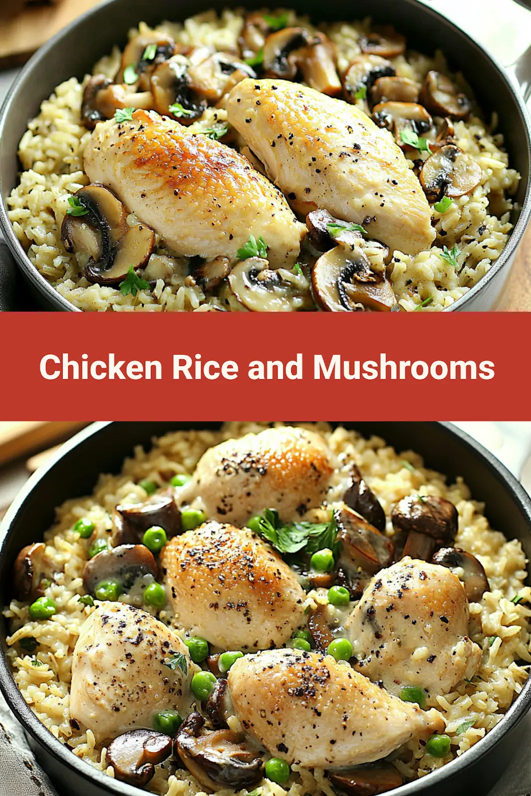 CREAMY ONE POT CHICKEN RICE AND MUSHROOMS centered hero view, clean and uncluttered