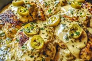 CREAMY PEPPERONCINI CHICKEN SKILLET centered hero view, clean and uncluttered