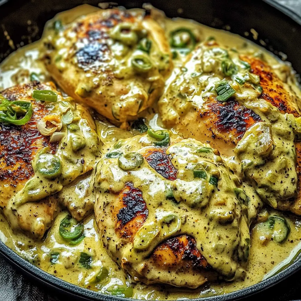 CREAMY PEPPERONCINI CHICKEN SKILLET centered hero view, clean and uncluttered