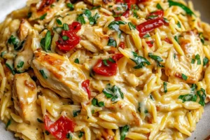 CREAMY TUSCAN CHICKEN ORZO centered hero view, clean and uncluttered