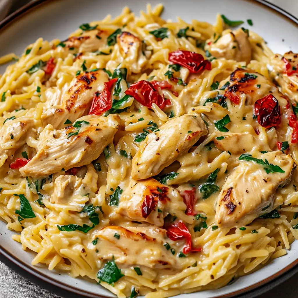 CREAMY TUSCAN CHICKEN ORZO centered hero view, clean and uncluttered