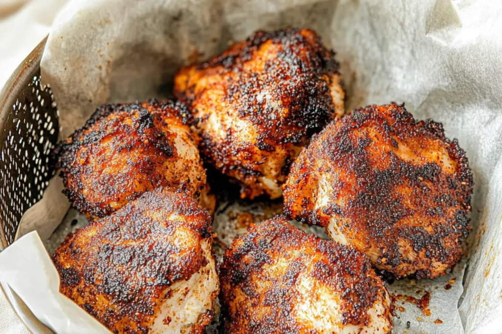 CRISPY AIR FRYER CHICKEN THIGHS centered hero view, clean and uncluttered
