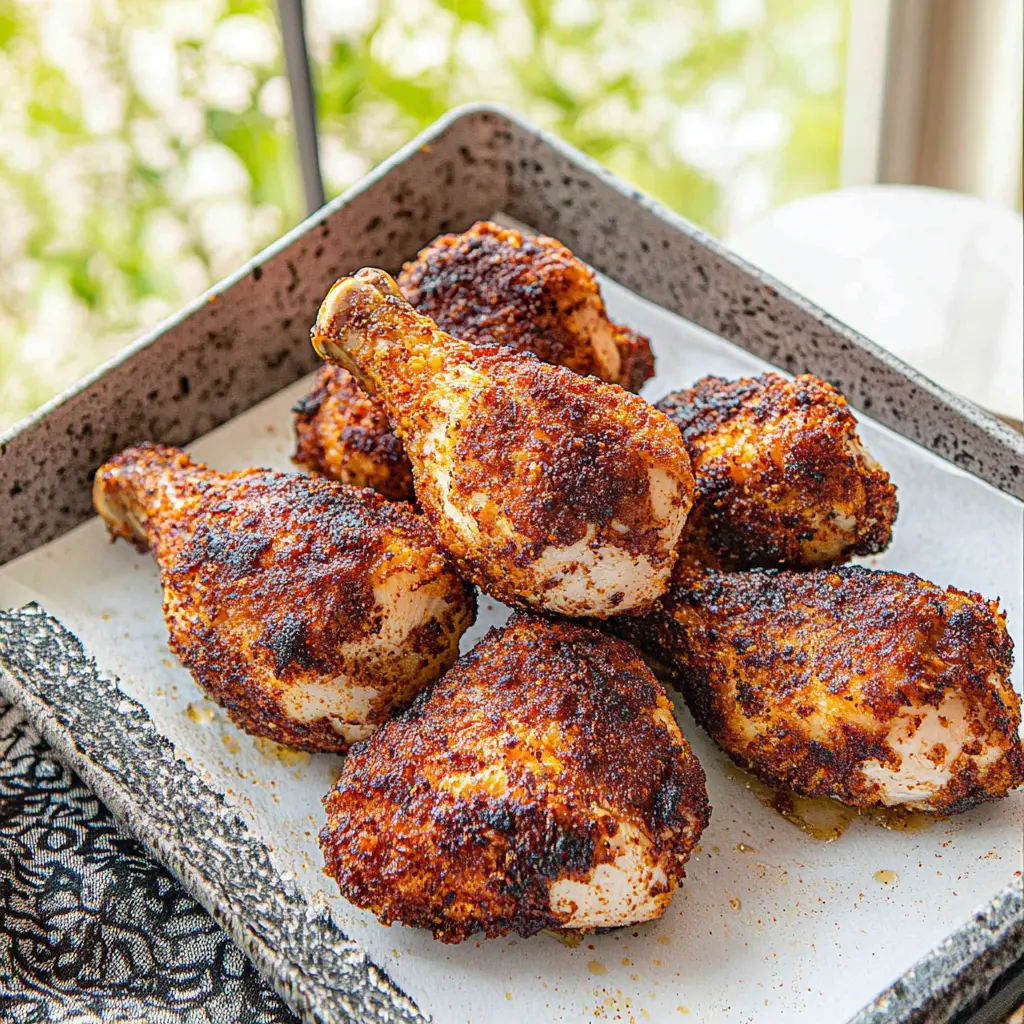 CRISPY AIR FRYER CHICKEN THIGHS centered hero view, clean and uncluttered