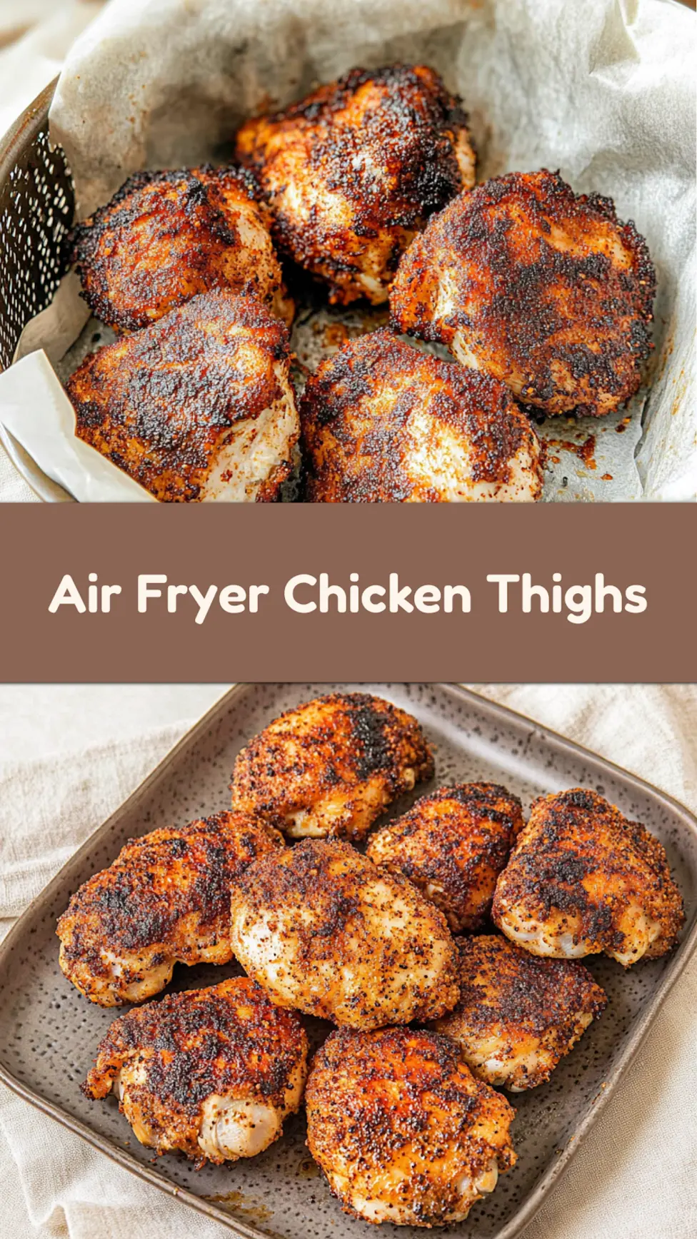 CRISPY AIR FRYER CHICKEN THIGHS centered hero view, clean and uncluttered