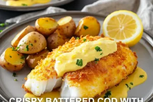 CRISPY BATTERED COD WITH LEMON BUTTER SAUCE AND ROASTED POTATOES centered hero view, clean and uncluttered
