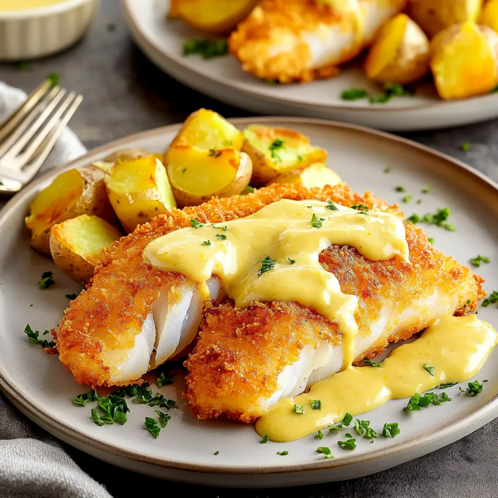 CRISPY BATTERED COD WITH LEMON BUTTER SAUCE AND ROASTED POTATOES centered hero view, clean and uncluttered
