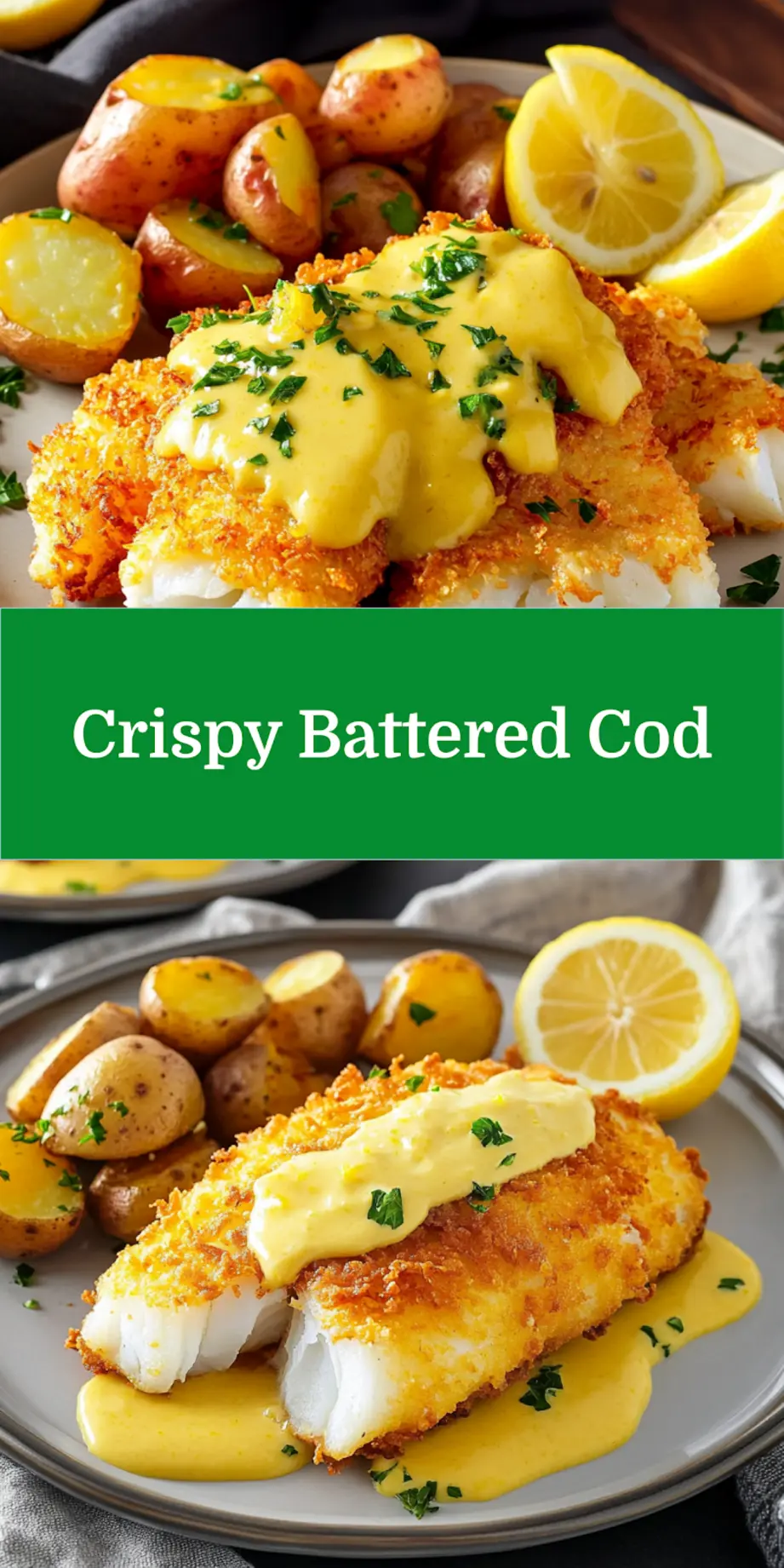 CRISPY BATTERED COD WITH LEMON BUTTER SAUCE AND ROASTED POTATOES centered hero view, clean and uncluttered