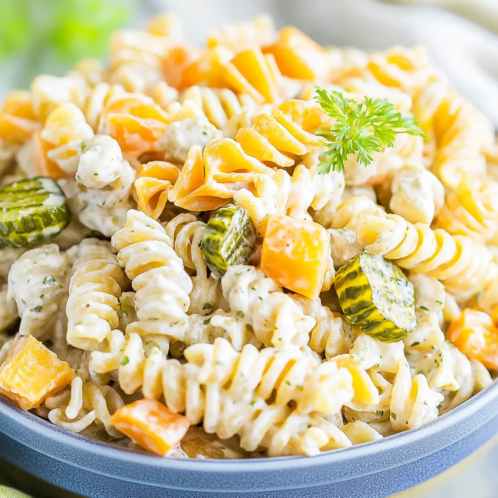 Dill Pickle Pasta Salad Easy Recipe for Busy Weeknights 6 Dill pickle pasta salad in a serving bowl with visible rotini pasta, cheese cubes, and fresh dill