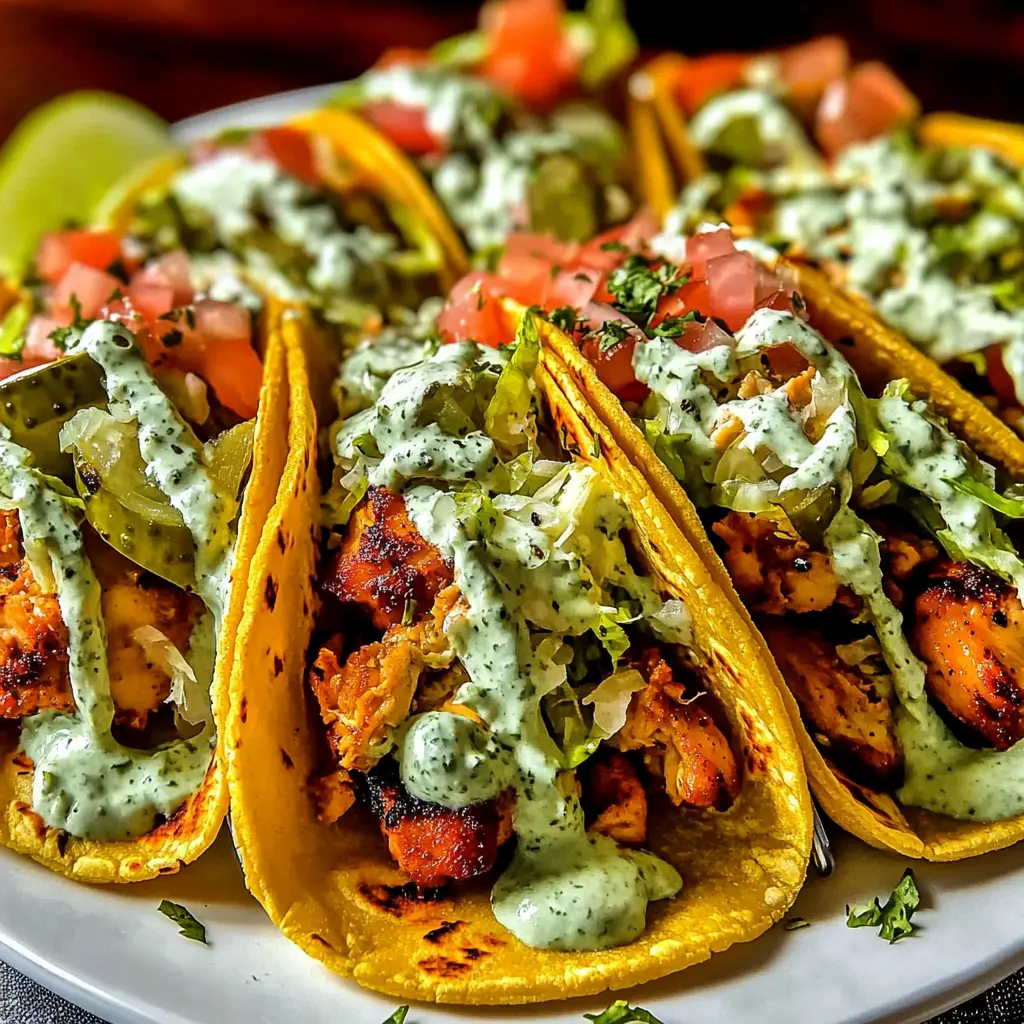 Dill Pickle Ranch Smash Chicken Tacos Easy Weeknight Dinner 6 DILL PICKLE RANCH SMASH CHICKEN TACOS centered hero view, clean and uncluttered