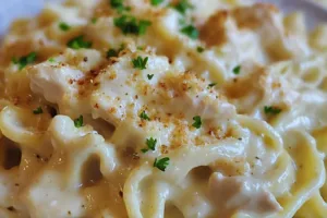 Dump and Bake Chicken Alfredo Easy Weeknight Dinner DUMP AND BAKE CHICKEN ALFREDO centered hero view, clean and uncluttered