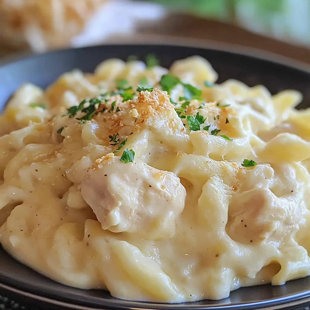 Dump and Bake Chicken Alfredo in baking dish with golden melted cheese