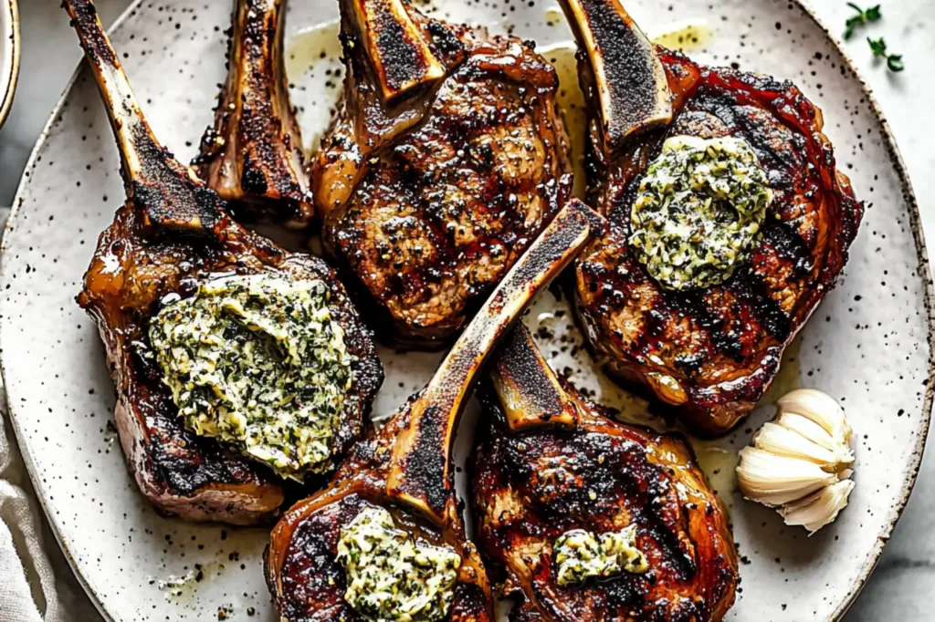 EASTER LAMB CHOPS WITH GARLIC HERB BUTTER centered hero view, clean and uncluttered