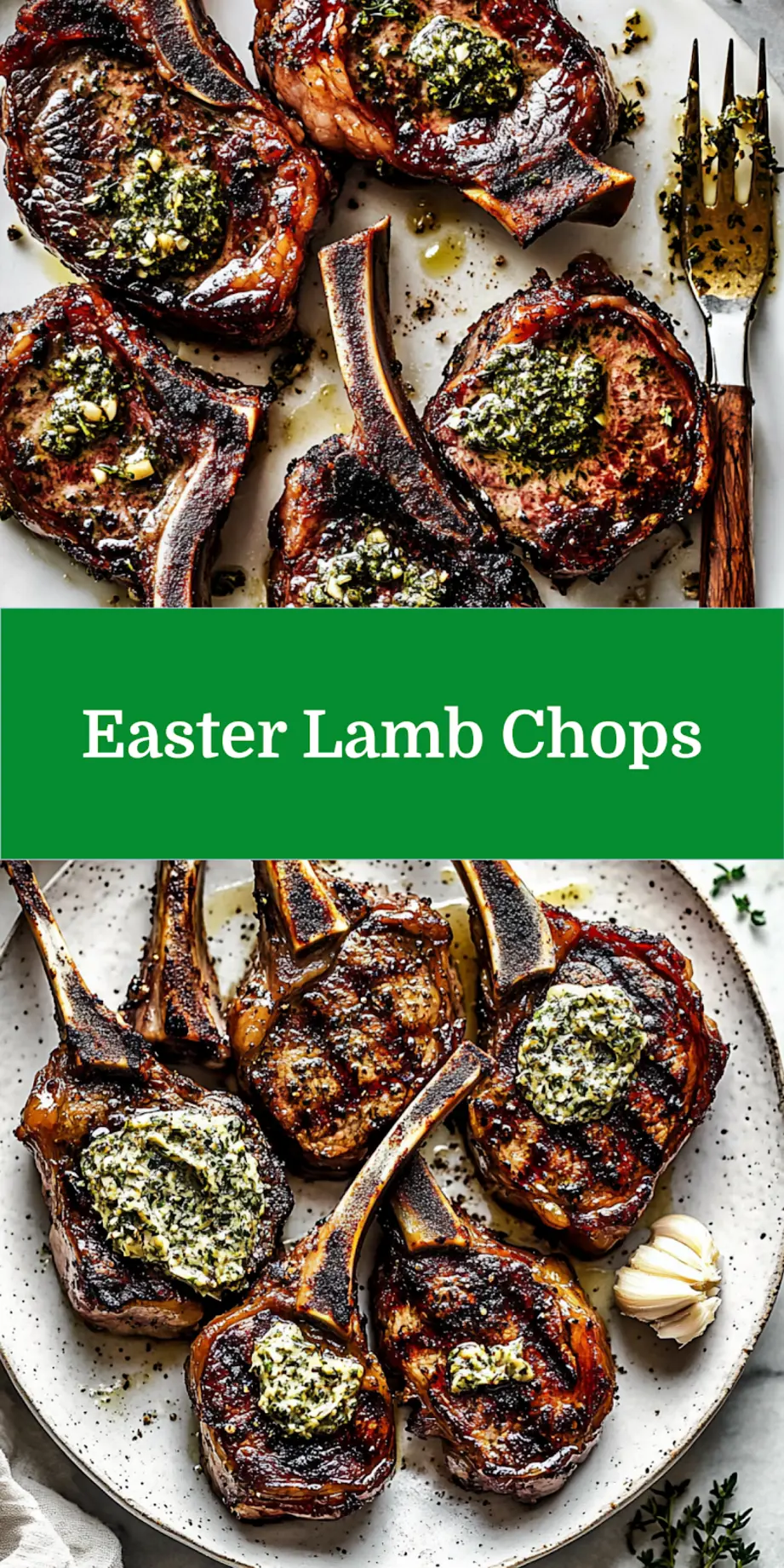 EASTER LAMB CHOPS WITH GARLIC HERB BUTTER centered hero view, clean and uncluttered_pin