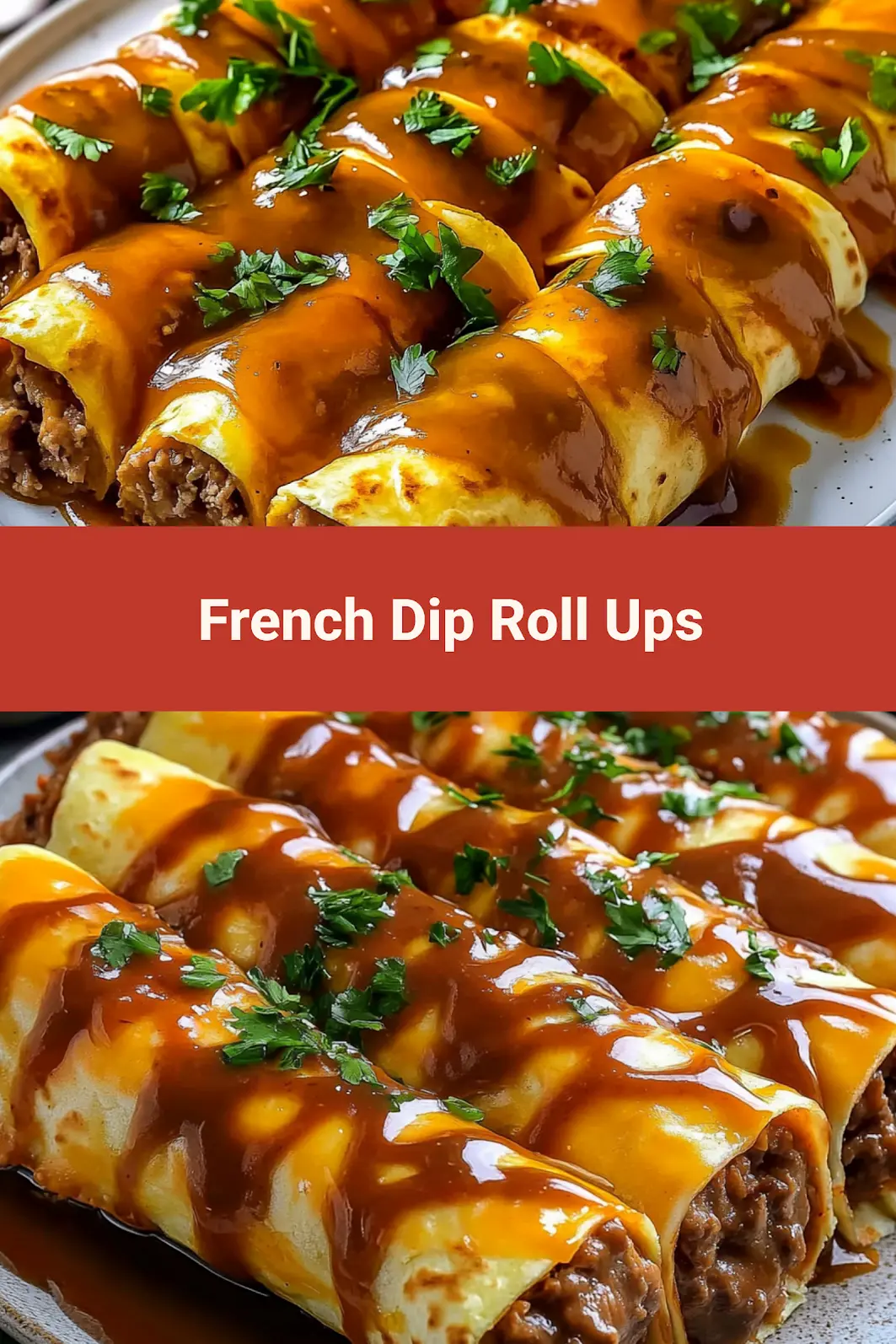 FRENCH DIP TORTILLA ROLL UPS centered hero view, clean and uncluttered_pin