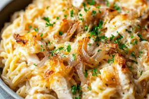 French Onion Chicken Orzo Casserole Easy Weeknight Dinner FRENCH ONION CHICKEN ORZO CASSEROLE centered hero view, clean and uncluttered