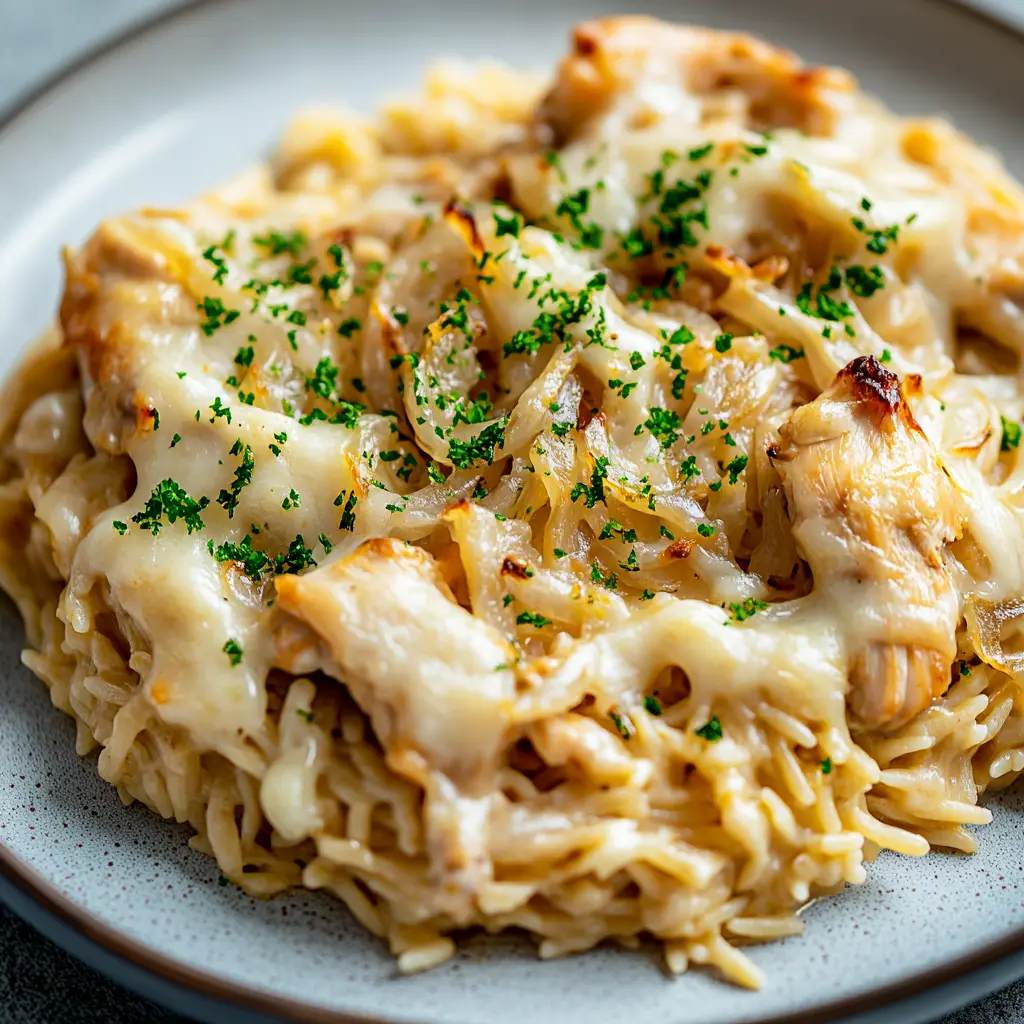 French Onion Chicken Orzo Casserole Easy Weeknight Dinner 6 FRENCH ONION CHICKEN ORZO CASSEROLE centered hero view, clean and uncluttered