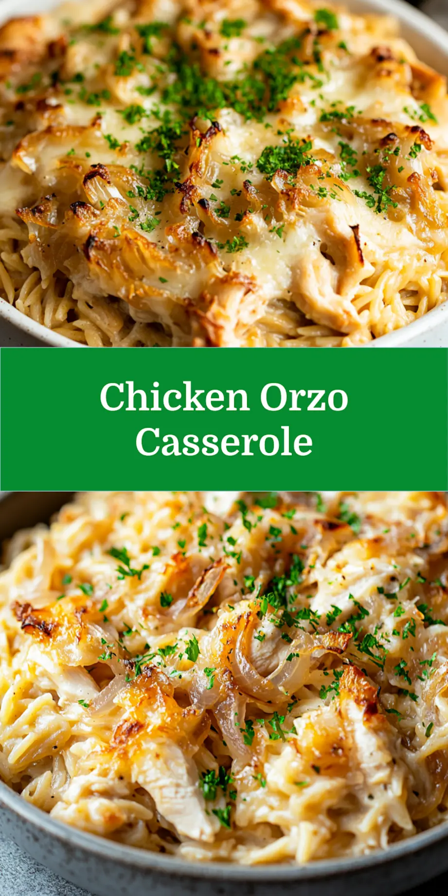 French Onion Chicken Orzo Casserole Easy Weeknight Dinner 7 FRENCH ONION CHICKEN ORZO CASSEROLE centered hero view, clean and uncluttered