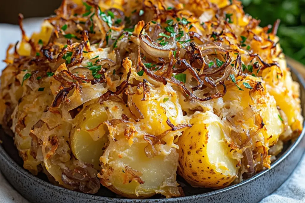 FRENCH ONION FUNERAL POTATOES centered hero view, clean and uncluttered