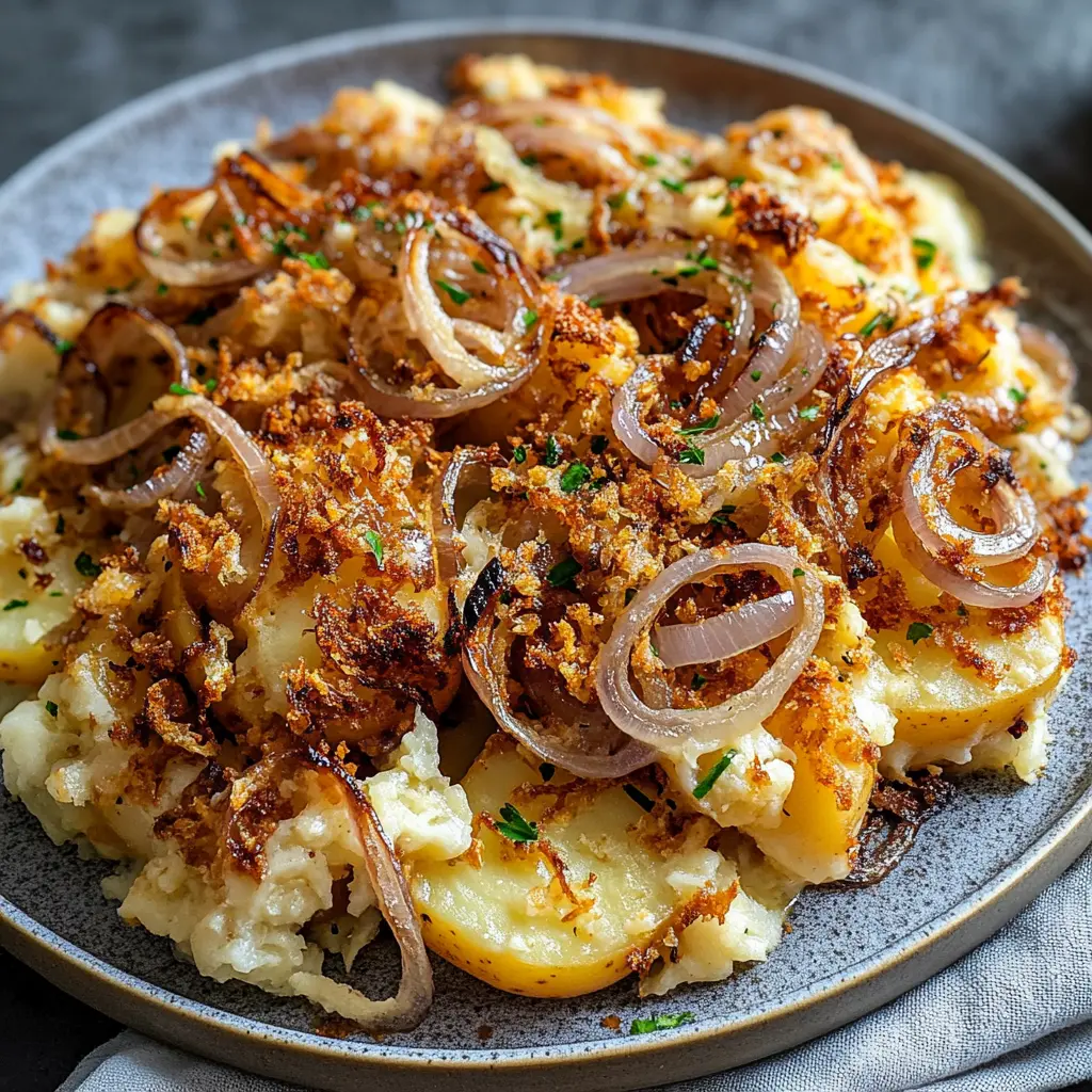 FRENCH ONION FUNERAL POTATOES centered hero view, clean and uncluttered