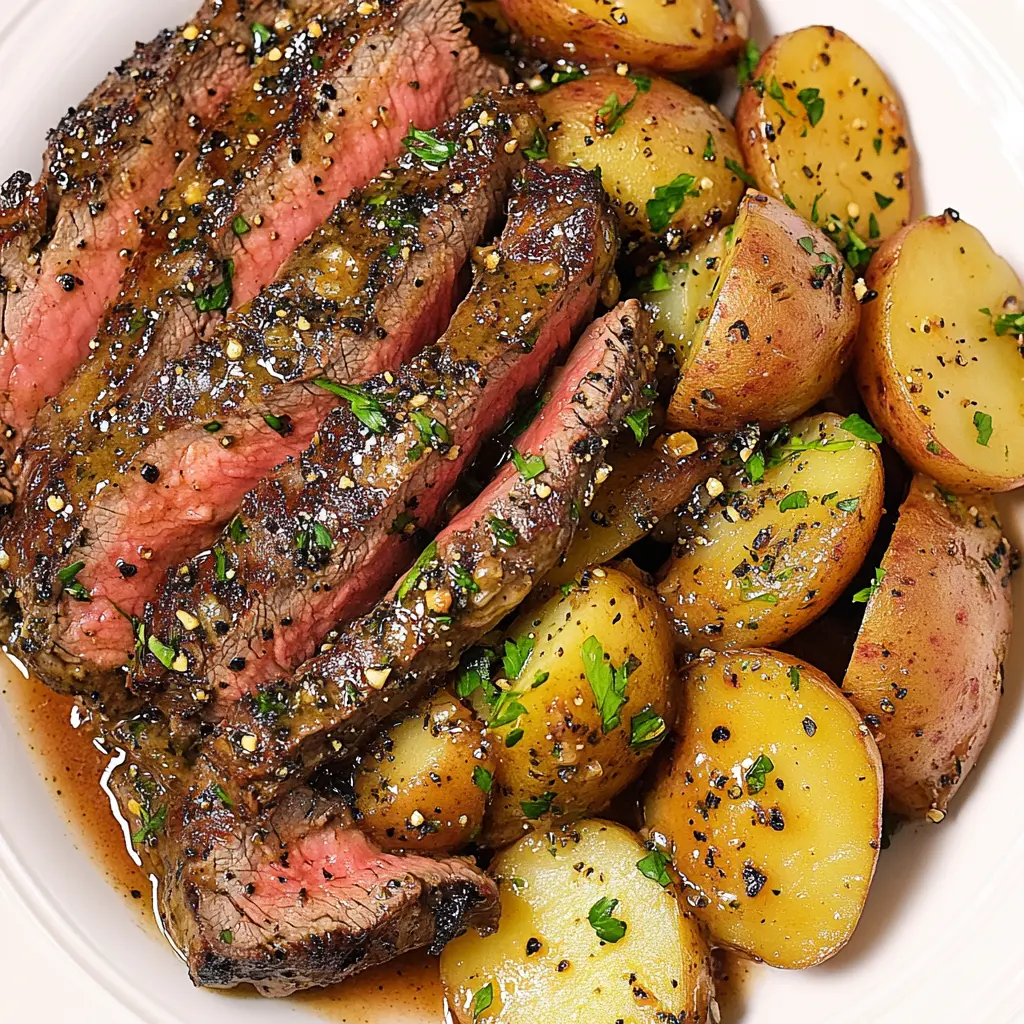 GARLIC BUTTER STEAK AND POTATOES centered hero view, clean and uncluttered