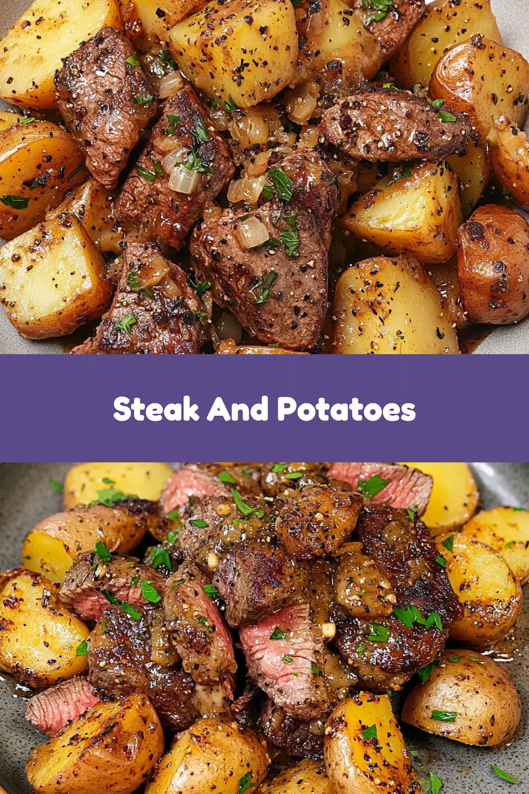 GARLIC BUTTER STEAK AND POTATOES centered hero view, clean and uncluttered
