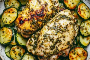 GARLIC HERB CHICKEN WITH ZUCCHINI centered hero view, clean and uncluttered
