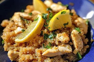 Garlic Lemon Chicken Quinoa Easy Weeknight Dinner GARLIC LEMON CHICKEN QUINOA centered hero view, clean and uncluttered