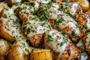 GARLIC PARMESAN CHICKEN AND POTATOES SKILLET centered hero view, clean and uncluttered