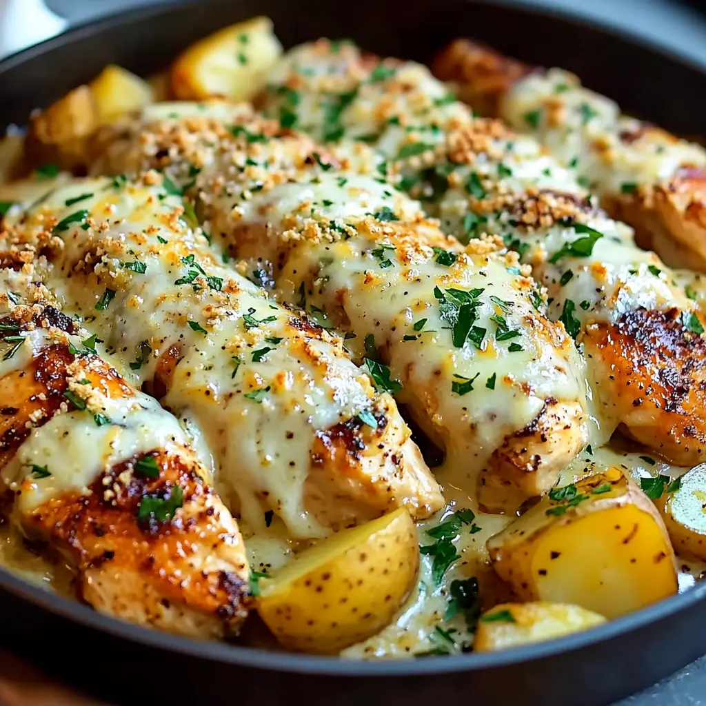 GARLIC PARMESAN CHICKEN AND POTATOES SKILLET centered hero view, clean and uncluttered