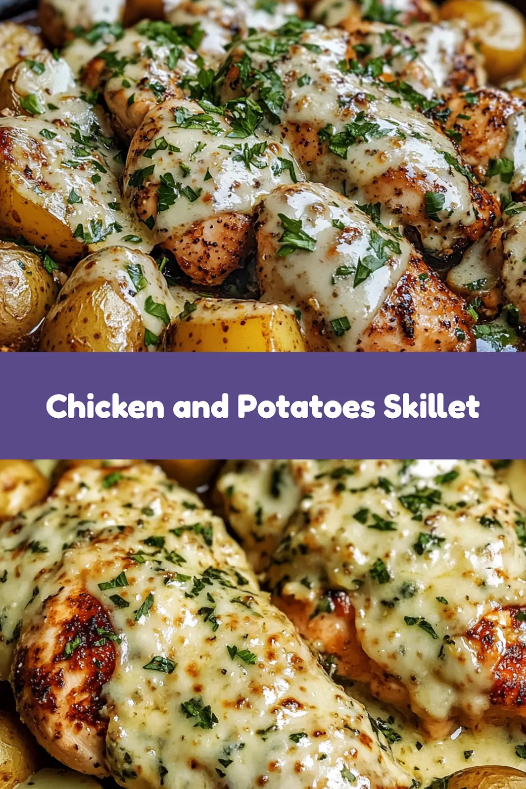 GARLIC PARMESAN CHICKEN AND POTATOES SKILLET centered hero view, clean and uncluttered_pin