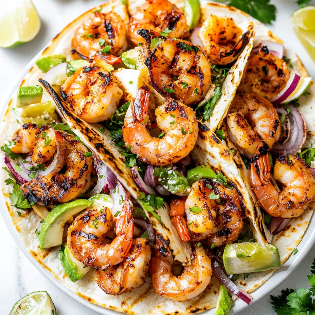 GRILLED SHRIMP TACOS centered hero view, clean and uncluttered