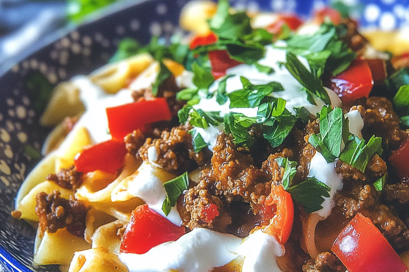 GROUND BEEF TURKISH PASTA recipe, served and ready to eat, easy homemade dinner