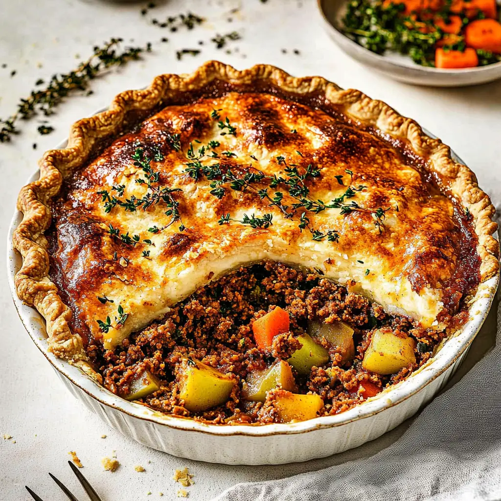 Ground turkey cottage pie with golden crispy potato topping on a white plate
