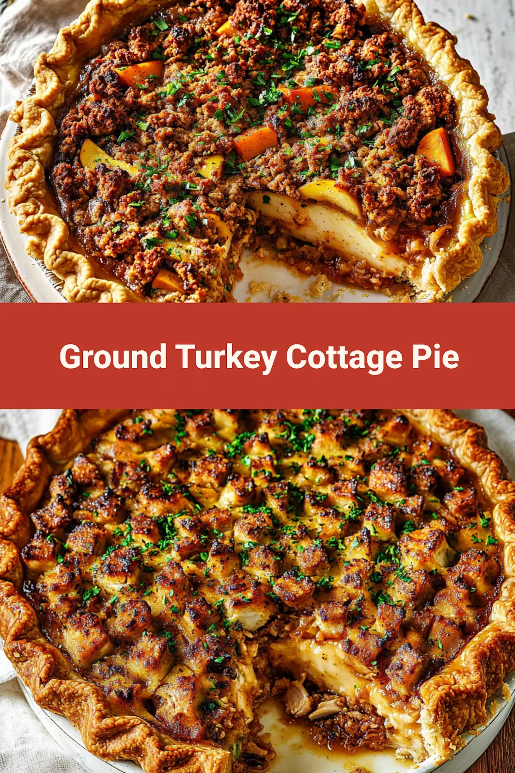 Ground turkey cottage pie Pinterest pin with golden potato topping