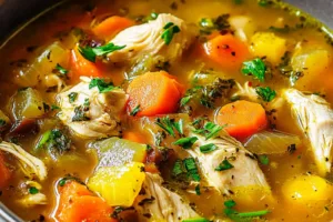 Hearty Chicken Veggie Soup Easy Dinner for Busy Nights HEARTY CHICKEN VEGGIE SOUP centered hero view, clean and uncluttered