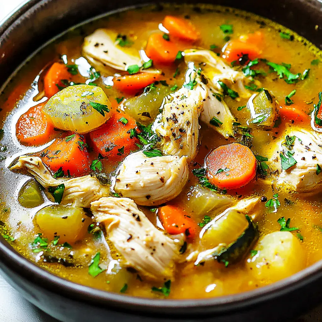 Hearty Chicken Veggie Soup Easy Dinner for Busy Nights 6 Hearty chicken veggie soup in a rustic bowl with visible carrots, celery, and tender chicken pieces