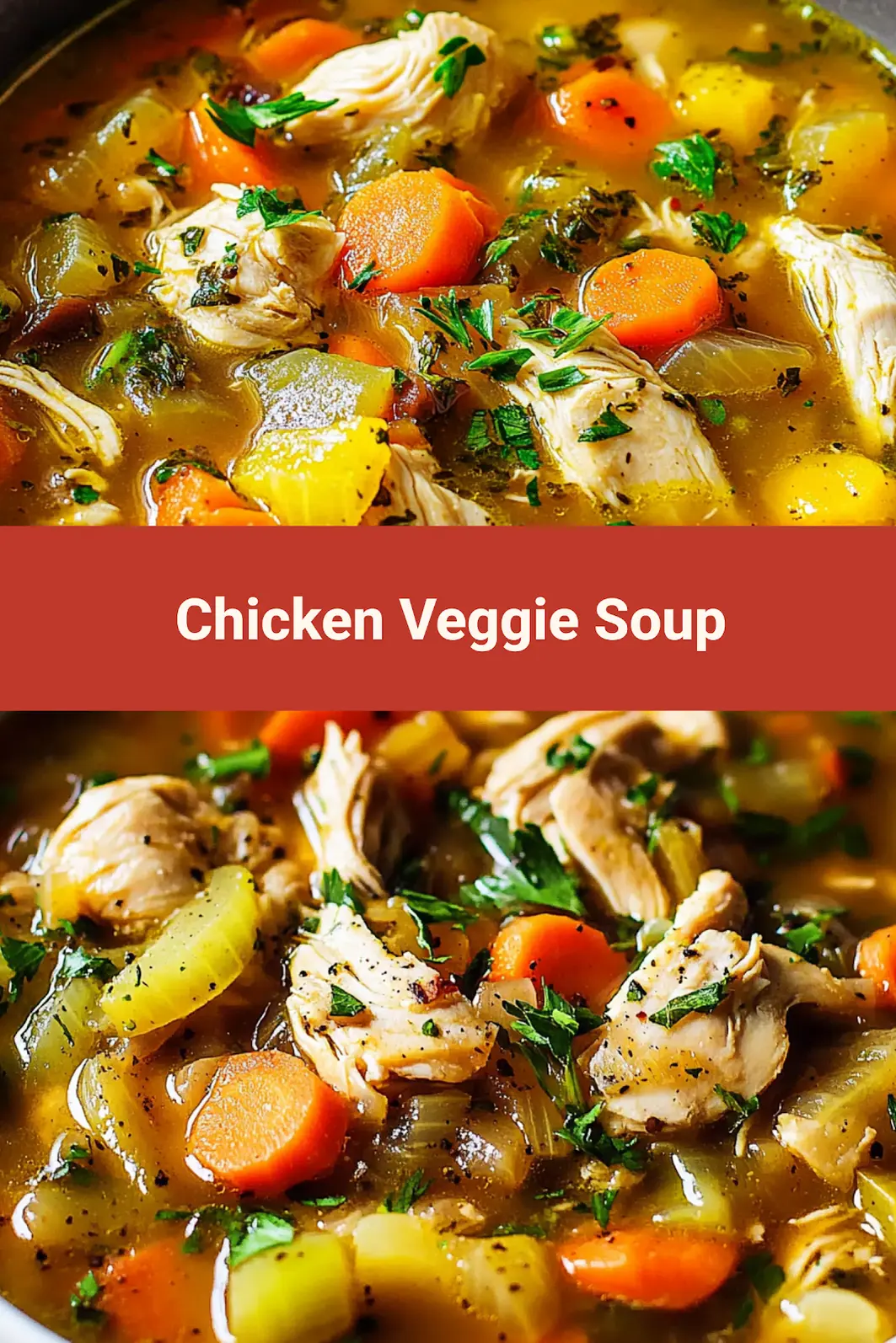 Hearty Chicken Veggie Soup Easy Dinner for Busy Nights 7 Overhead view of hearty chicken veggie soup ready to pin on Pinterest