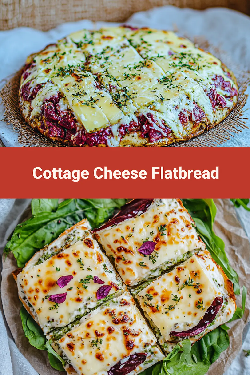 High protein cottage cheese flatbread centered hero view, clean and uncluttered