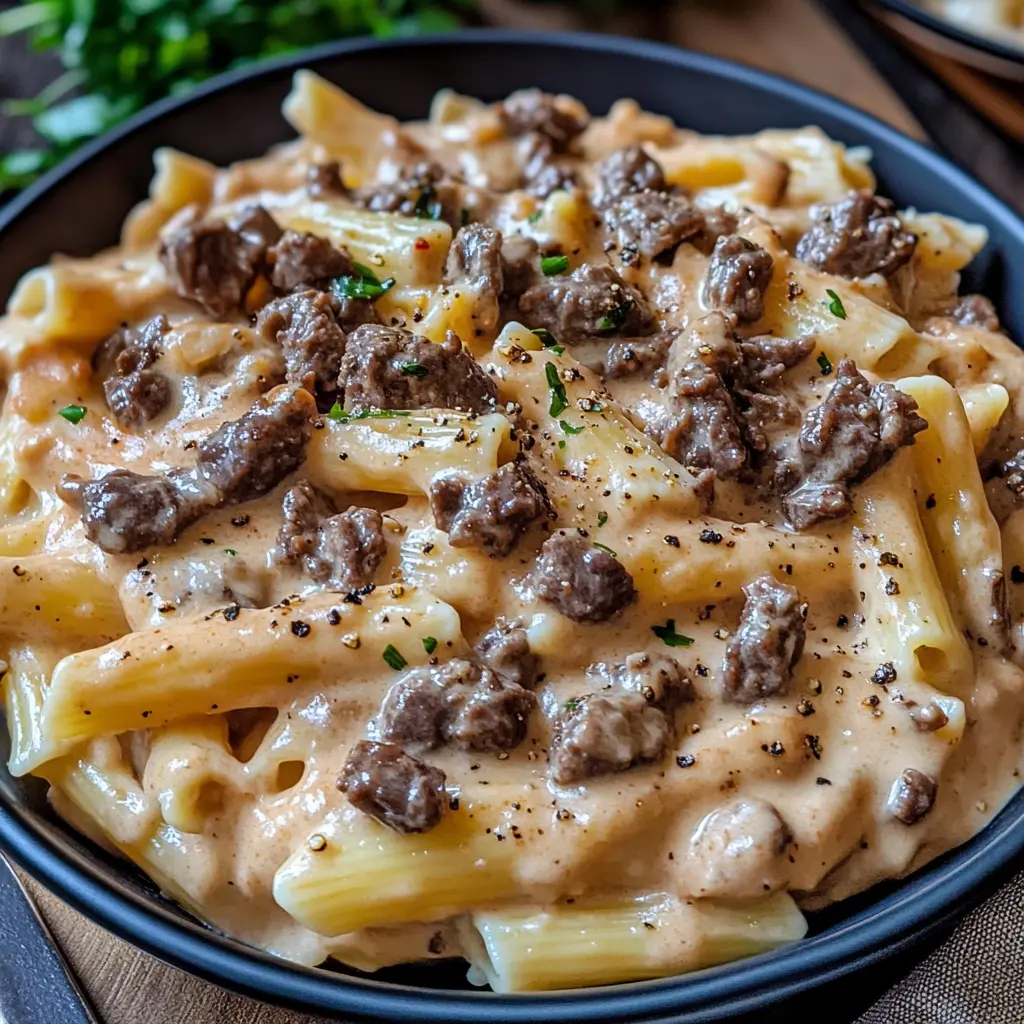 HIGH PROTEIN CREAMY BEEF PASTA centered hero view, clean and uncluttered