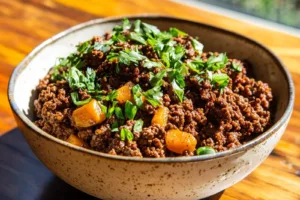 High Protein Ground Beef Bowl Meal Prep Easy Weeknight Dinner HIGH PROTEIN GROUND BEEF BOWL MEAL PREP centered hero view, clean and uncluttered